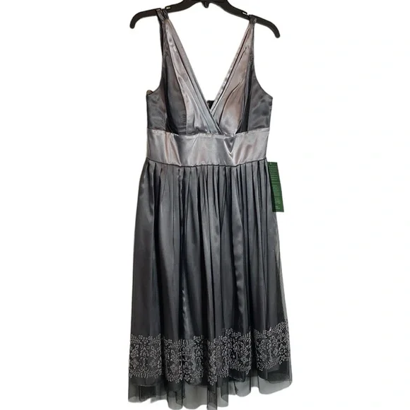 Night Way Collections Dresses | Nightway Cocktail Dress 10 Plunging Satin Gray Tulle Overlay Beaded Hem Wedding | Color: Gray/Silver | Size: 10 | Night Way Collections Dresses | Nightway Cocktail Dress 10 Plunging Satin Gray Tulle Overlay Beaded Hem Wedding | Color: Gray/Silver | Size: 10 |
